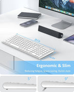 FENIFOX Wireless Keyboard, Bluetooth + USB Ergonomic Silent Quiet Rechargeable with Number Pad Compact Full Size Multi Device Keyboards for iPad Tablet Mac Computer Surface PC MacBook Laptop Silver