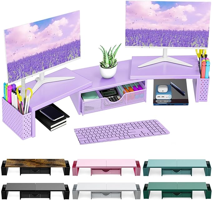 Spacrea Metal Desk Organizers and Accessories, Dual Monitor Stand Riser with Drawer and 2 Pen Holders, Desk Accessories & Workspace Desktop Organizers for Office Supplies (Purple)
