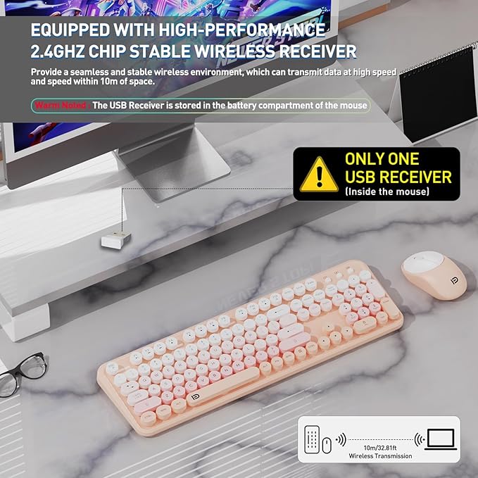 Wireless Keyboard and Mouse Combo, 105 Round Keys Full-Size Cute Colorful Pink Cordless Keyboard and Mouse with Retro Typewriter for PC/Mac/Laptop/Tablet/Computer/Windows Pink