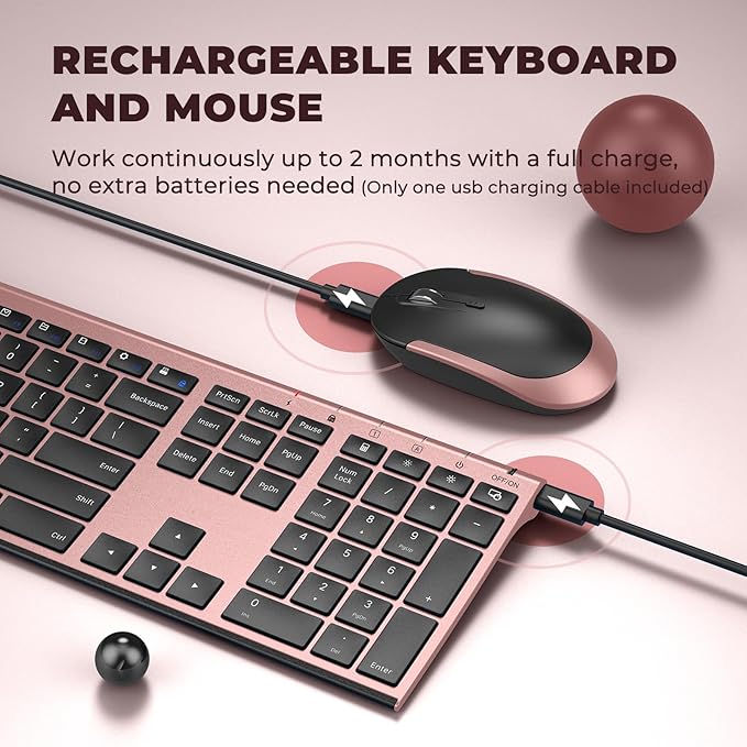 Wireless Keyboard and Mouse, Vssoplor 2.4GHz Rechargeable Compact Quiet Full-Size Keyboard and Mouse Combo with Nano USB Receiver for Windows, Laptop, PC, Notebook-Black and Rose Gold