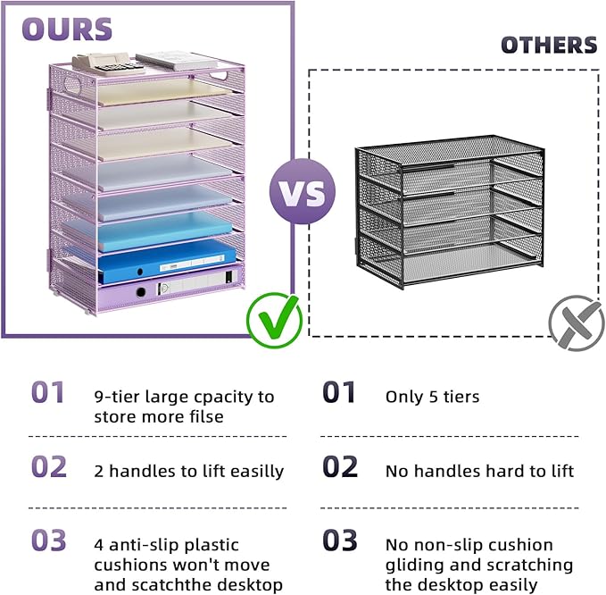 Marbrasse Paper Organizer Letter Tray, 9 Tier Mesh File Organizer with Handle, Paper Sorter Desk Organizer for Home Office Supplies - Purple