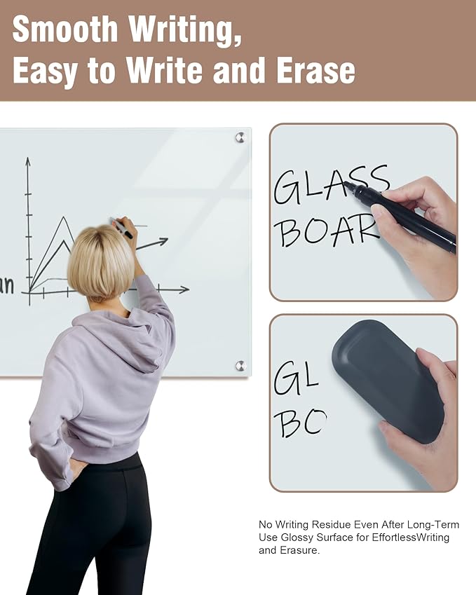 Magnetic Glass Whiteboard，48"x36" Wall Mounted Frameless Dry Erase Board for Office, Home & School White