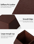 Desk Supplies Organizer, Multi-Functional Pencil Pen Holder with Wireless Charger, Desktop Stationery Organizer, Home Office Supply Storage Box Caddy (Brown)