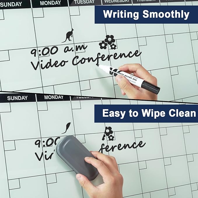 TSJ OFFICE Glass Calendar Whiteboard - 36 x 24 Inches Wall Mounted Monthly Dry Erase Calendar for Wall, Large Magnetic Glass White Board for Office, Home & School