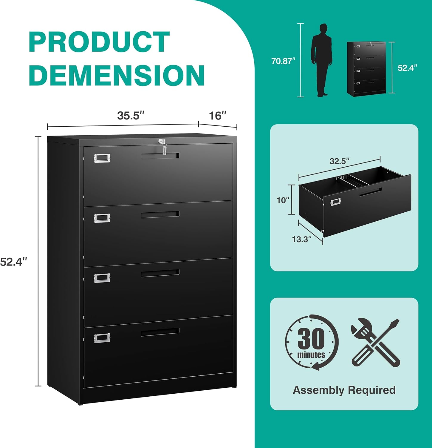 SISESOL 4 Drawer Lateral File Cabinet with Lock,Black Lateral Filing Cabinet,Horizontal Metal Filing Cabinet,Locked Wide Four Drawer File Cabinet for Office Home,Fit A4/F4/Letter/Legal File