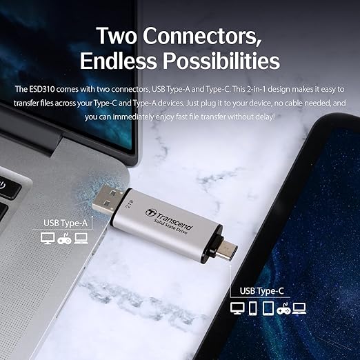 Transcend 512GB USB C External SSD, Up to 1,050MB/s, USB 3.2 Gen 2 Flash Drive, 2-in-1 Memory Stick Type C &Type A, Thumb Drive Photo Stick for Windows, Mac, iPhone, iPad, Android, Tablet&PC, Smart TV