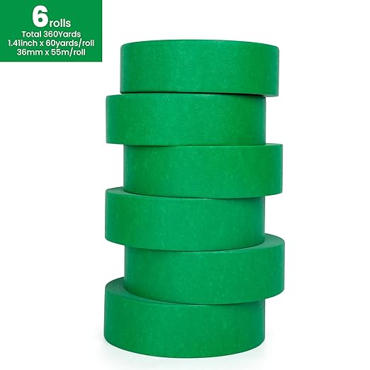 Green Painters Tape Multi-Surface Masking Tape 1.41 inch x 60 Yard, Indoor and Outdoor Painting Tape, Residue Free Easy Removal with Sharp Lines, Paint Tape for Walls, Auto, Home, 6Rolls