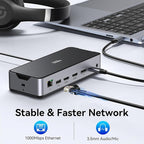 USB C Docking Station 3 Monitors Laptop Dock Dual Monitor with 2 HDMI DisplayPort 4K144Hz,USB A 2.0/3.0,USB C 3.1 10Gbps&30W Output,Ethernet,MicroSD&SD,Audio&Mic,150W DC Power for Dell/Lenovo/HP