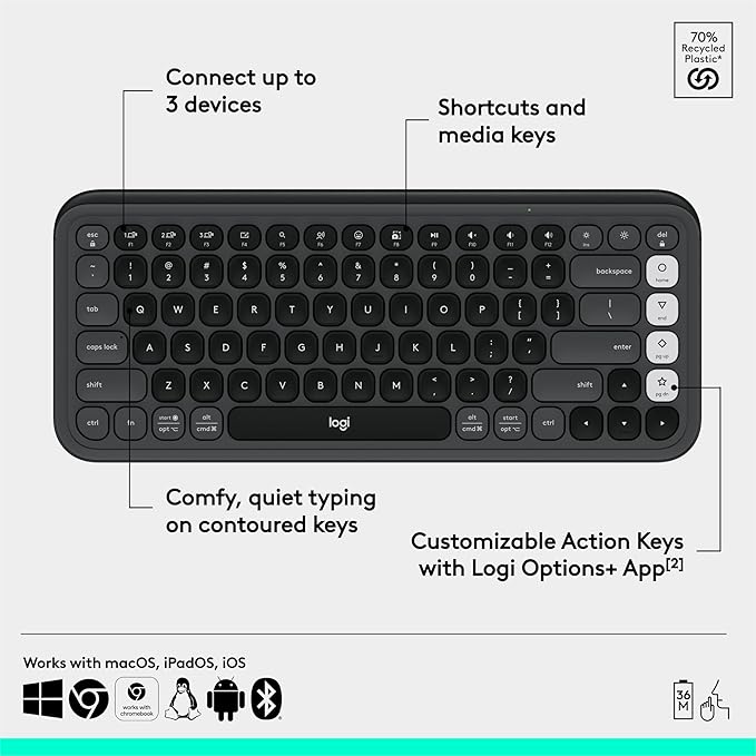 Logitech POP ICON Keys Wireless Bluetooth Keyboard, Comfortable Typing, Programmable Keys, Easy-Switch Between up to 3 Devices, for Laptop, Tablet, PC – Graphite and White