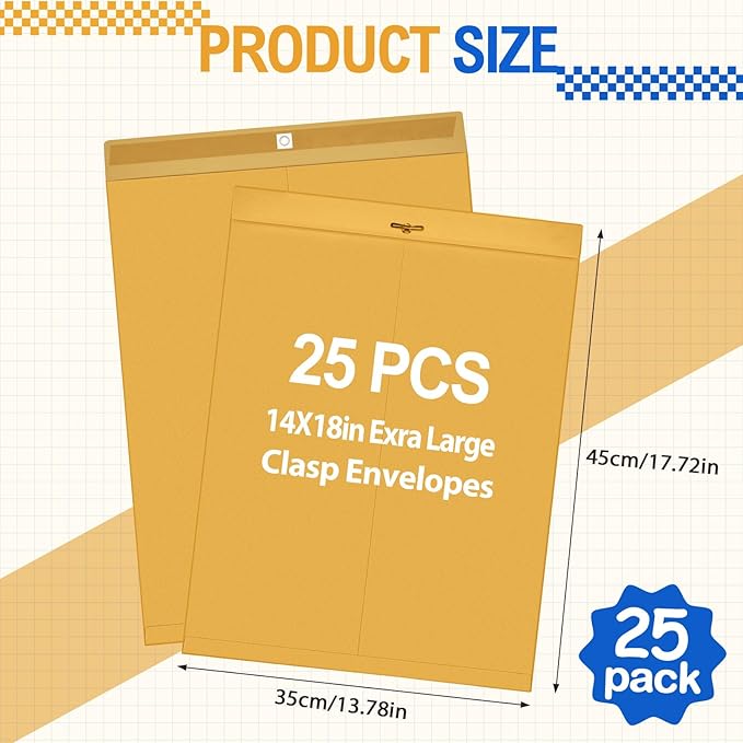 25 Pcs Clasp Envelope 14 x 18 Inch Large Manilla Envelopes with Clasp Closure 32lb for Mailing Thick Documents Home, Business, Legal or School Office Storing(Golden)