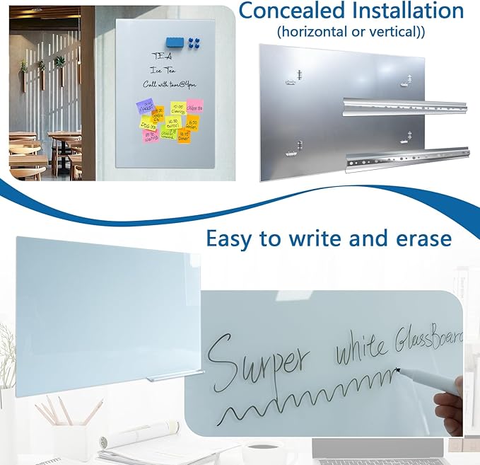 Magnetic Glass Writeboard 36"X24" Hole-Free Premium Tempered Dry Erase Whiteboard Bulletin Message Boards (White)