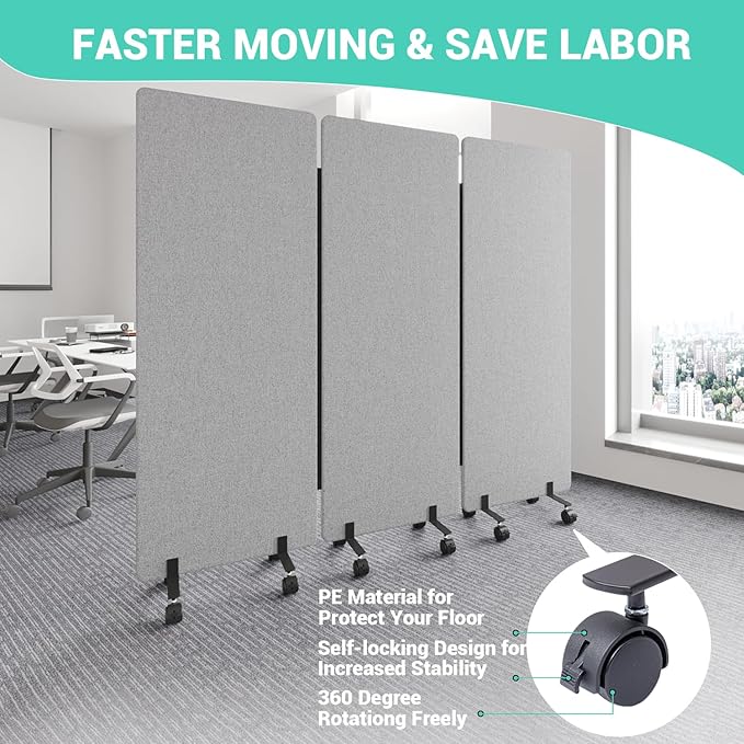 Soundproof Room Divider with Wheels, 66in Office Dividers for Sound Proofing & Reducing, 3 Panel Sound Proof Dividers for Office Partitions Portable Temporary Wall Acoustic Wall Divider，Light Grey
