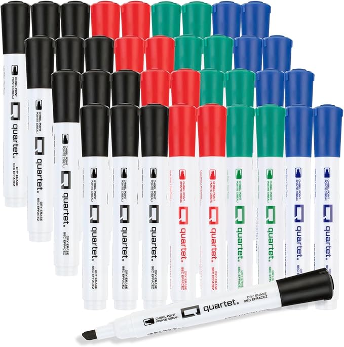 Quartet Dry Erase Markers, Chisel Tip White Board Dry Erase Markers with DryGuard Ink Protection, Office Essentials, Black, Red, Blue, Green, 36 Pack (Q120Z04-R)