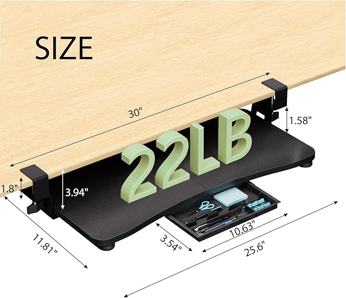 Desktop Keyboard Tray, Under Desk Pull Out,25.59" X 11.81" Large Size Radian Keyboard Tray with C-Clip Mount, Easy Installation, Computer Keyboard Stand, for Home Study and Office(Black)