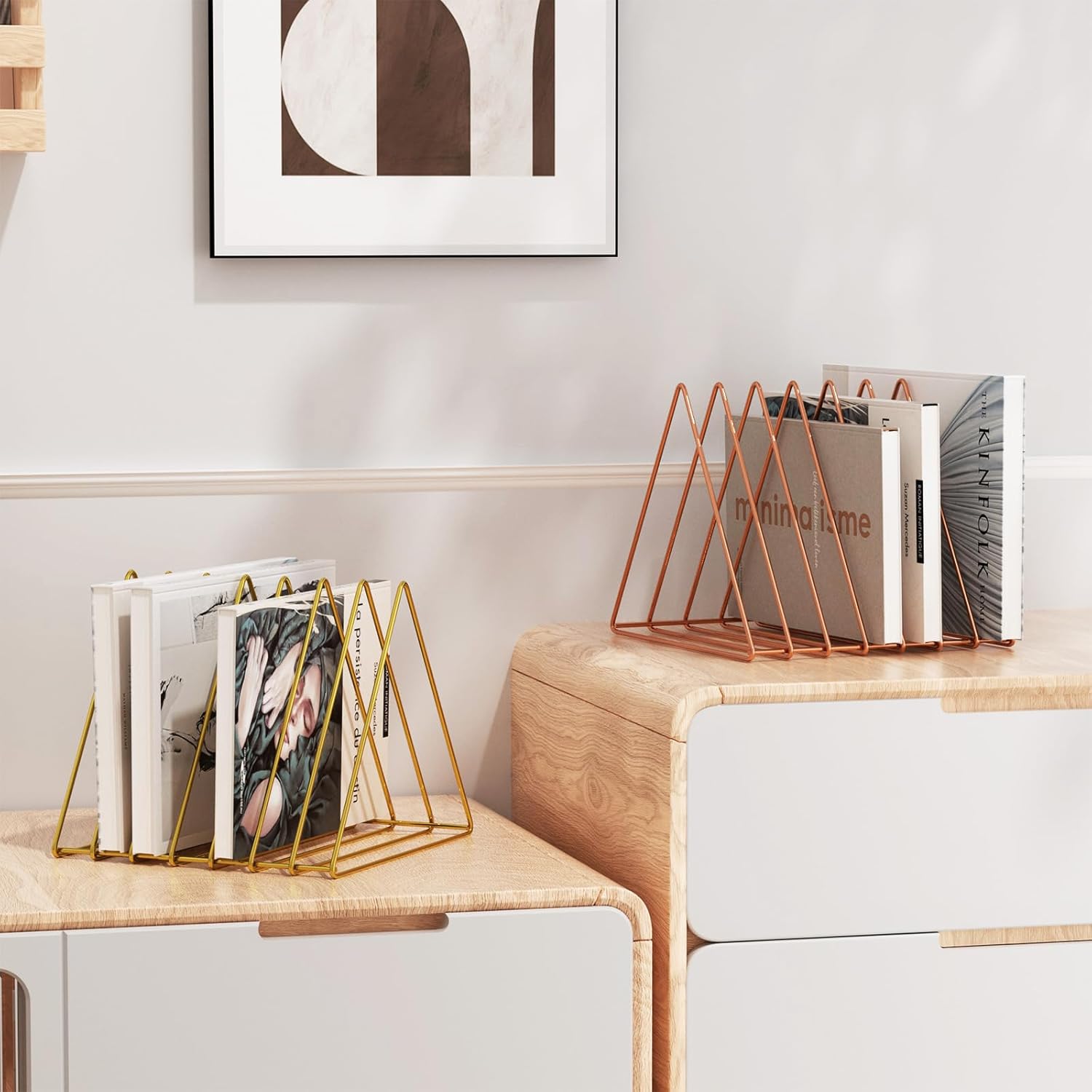 Urban Deco Triangle Desk Organizers Metal Wire Magazine Holder 7 Sections Decorative Vinyl Record Storage Office File Organizer For Desk - Rose Gold Magazine File Holder - 2 Pack
