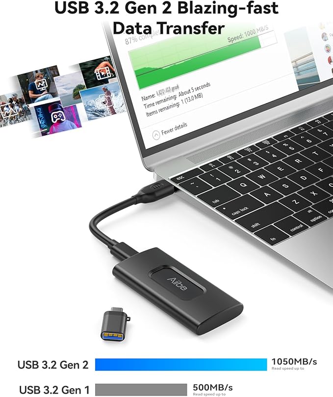 Aiibe 2TB External SSD USB C Portable SSD USB 3.2 Gen 2, Up to 1050MB/s, External Hard Drive 2TB External Solid State Drive for iPhone 16/15, Laptop, Mac and PS5 (Black)