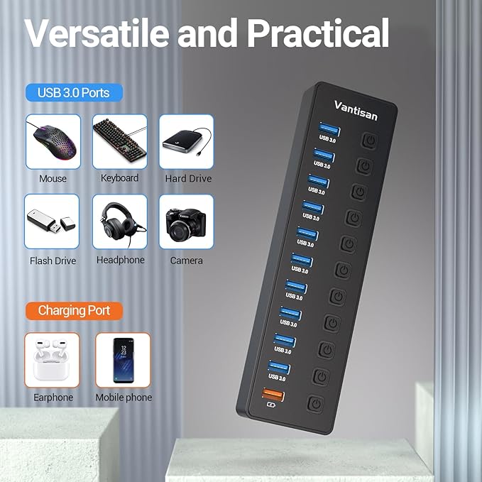 Powered USB Hub, 11-Port USB 3.0 Hub Splitter - 10 USB 3.0 Data Transfer Ports + 1 Smart Charging Port, USB Hub 3.0 Powered with Individual LED On/Off Switches and 5V/4A Power Adapter