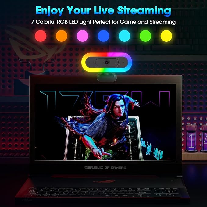 ToLuLu Streaming Webcam 2K 50FPS Web Cam, LED RGB Webcam with Microphone and Light, Autofocus Computer Camera with Cover and Tripod, Plug-Play USB Web cam for PC Desktop/MacBook Gaming Video Calling