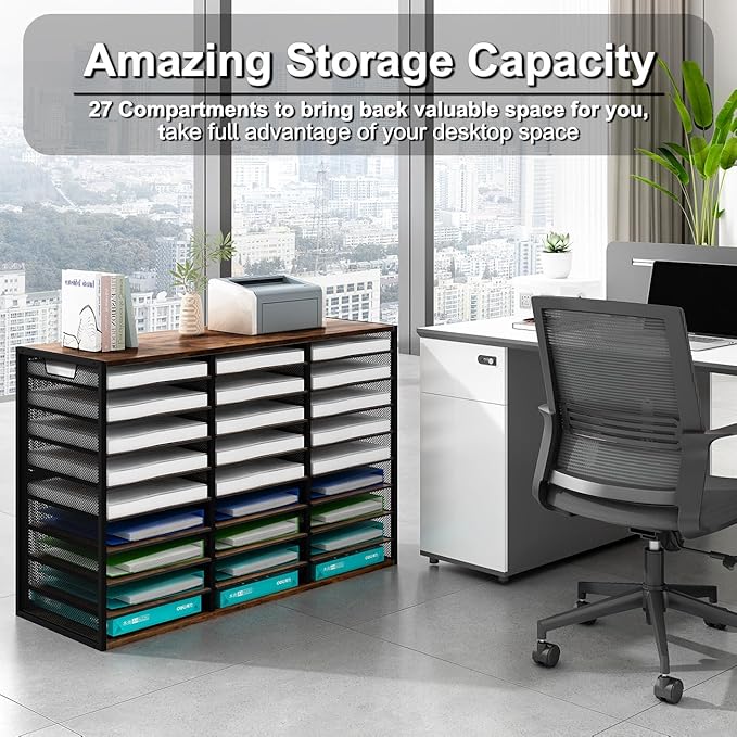 PAG Mass Mail Sorter - Adjustable Mail Holder, Countertop Literature Organizer, Student Mailbox for Classroom, Desktop Bill Paper Organizer for Office & Home, 27 Compartments, Brown