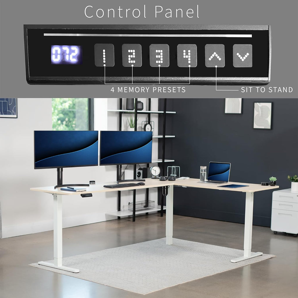 VIVO Electric Corner L-Shaped 84 x 63 in Standing Desk, Memory Height Adjustment, Light Wood Top White Frame, DESK-E3CTWC-84
