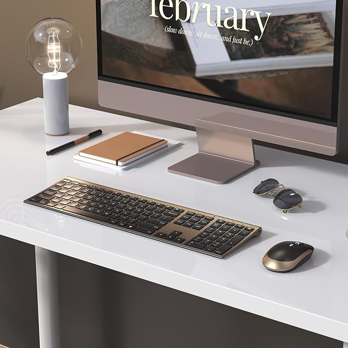 Wireless Keyboard and Mouse, Vssoplor 2.4GHz Rechargeable Compact Quiet Full-Size Keyboard and Mouse Combo with Nano USB Receiver for Windows, Laptop, PC, Notebook-Black Gold