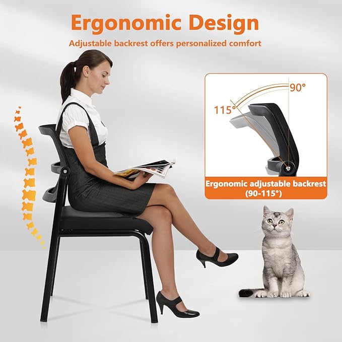 CLATINA Stackable Waiting Room Chair with Adjustable Mesh Backrest, Armless Office Guest Reception Chairs with Leather Cushion and Ergonomic Lumbar Support for Conference Lobby Side School, Black, 2PK