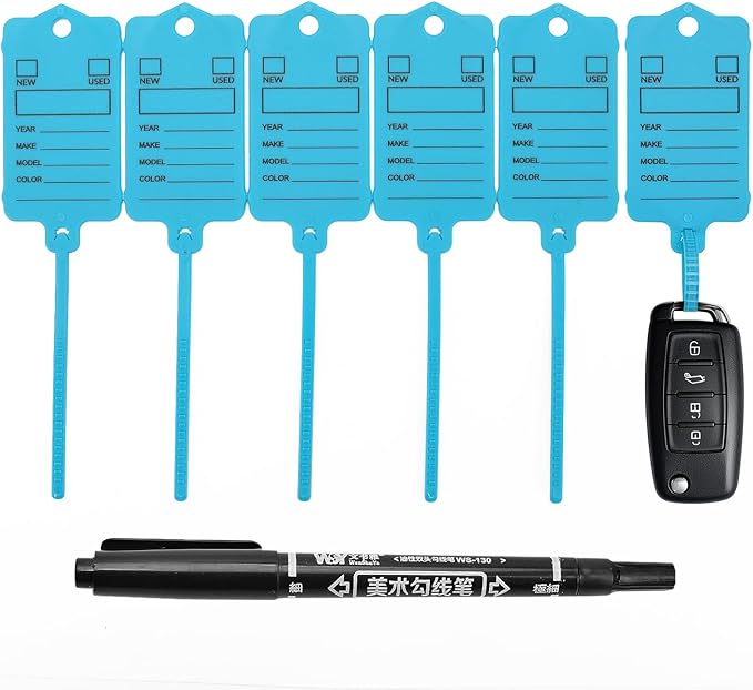 50 Car Key Tags with Labels Plastic Car Dealership Key Tags Self Locking Automotive Identifiers Blank Shop Labels with One Pen (Blue)