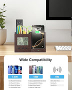 Multifunctional Pen Holder and Organizer for Desk with Wireless Charger, Digital Indoor Thermometer and Humidity Gauge, Home Office Organizers and Storage (Battery Included)