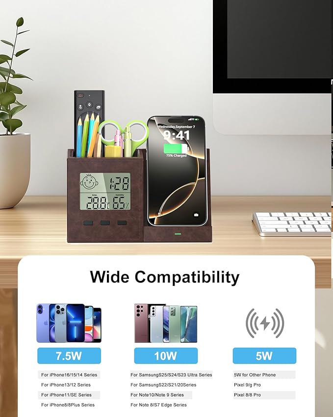 Multifunctional Pen Holder and Organizer for Desk with Wireless Charger, Digital Indoor Thermometer and Humidity Gauge, Home Office Organizers and Storage (Battery Included)