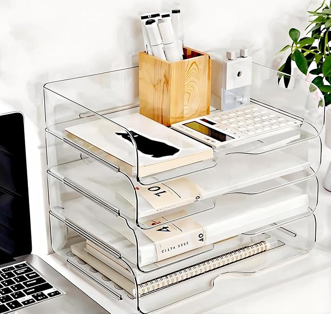 Large Capacity Desk Organizer, 4 Tier Paper Organizer, File Organizer for Desk, Stackable Paper Tray for Office, Home and School