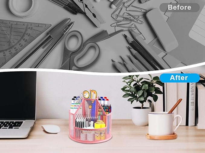 Sturdy Rotating Pen Holder, Cute Metal Pencil Holder, Large Mesh Pen Organizer for Desk, Premium Friendly Office Desk Accessories & Workspace Organizers, Pink