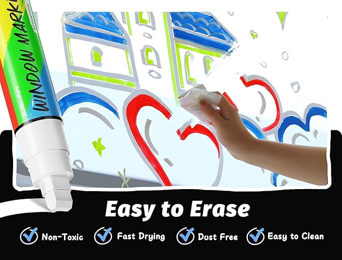 Car Window Markers for Glass Washable, 8 Jumbo Liquid Chalk Pens with 10mm Wide Tips & 3 in 1 Nib, Window Paint for Glass, Chalkboard, Menu Board, Restaurant, Bistro, Grocery Store