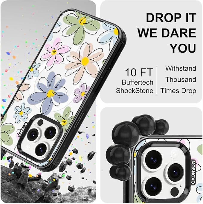 MOSNOVO Magnetic Case for iPhone 14 Pro Max, 10ft Military-Grade Protection, Compatible with Magsafe, Shockproof Phone Case for iPhone 14 Pro Max - Linear Blooms - Clear Black