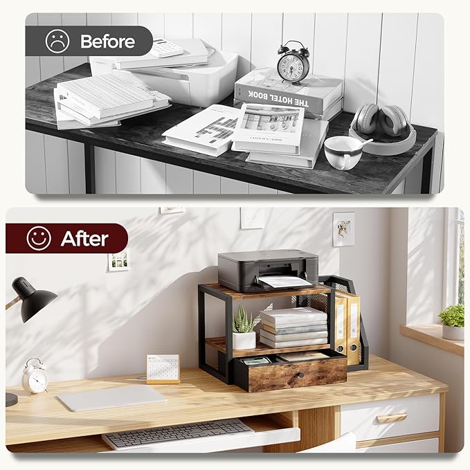 Home Printer Stand for Desk, Desktop Printer Table with Storage Drawer and Side Book Stand, 2-Tier Printer Shelf, Desk Organizer for Home Office, Rustic Brown and Black PTHR3001