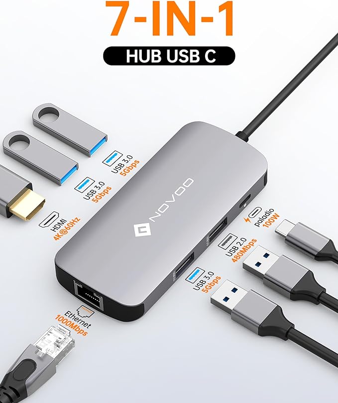 NOVOO USB C Hub Ethernet 4K@60 USB C HDMI Adapter Multiport Type C Adapter 4 USB 3.0 & USB2.0 Dongle 100W PD Dock Docking Station for MacBook Pro Air Apple iPad Pro Steam Deck Dell HP Lenovo 7-in-1