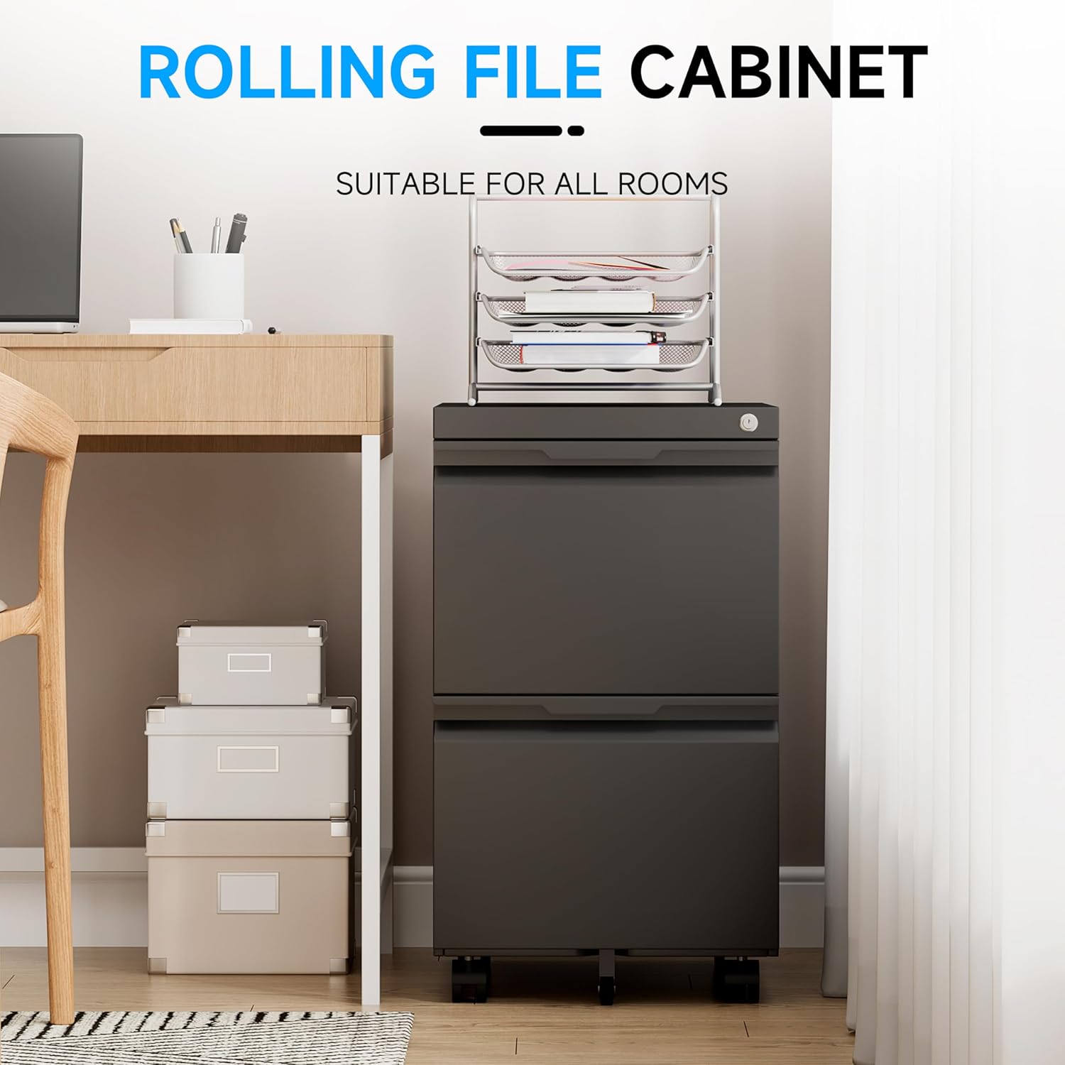 Bestoo 2 Drawer Metal Mobile File Cabinet, File Cabinet on Wheels with Lock for Letter/Legal/A4 File Under Desk, Metal Rolling File Cabinets for Home Office(Black)