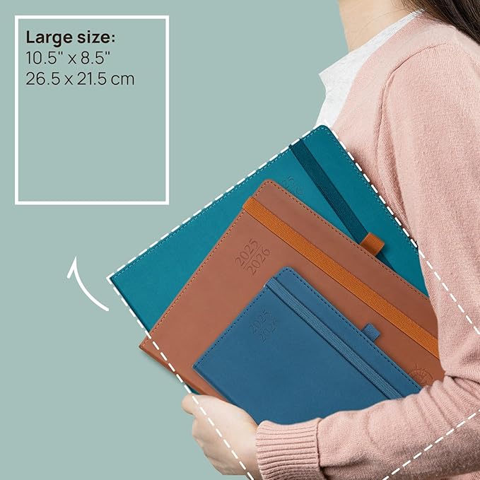 POPRUN Planner 2025-2026 (Large - 8.5'' x 10.5'') Academic Weekly Calendar (July 2025 - June 2026) with Hourly Time Slots, Monthly Tabs, 100GSM Thick Papers, Leather Soft Cover - Blue Green