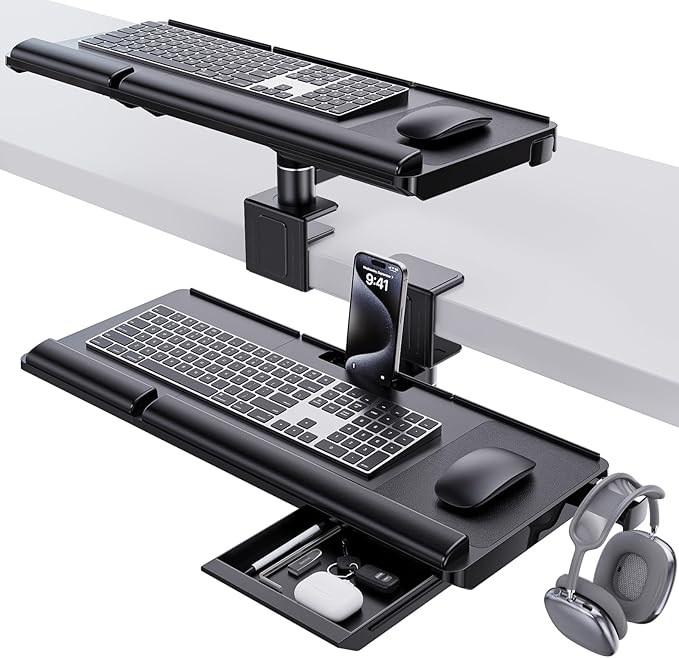 Klearlook Upgraded Adjustable Keyboard Tray for Above Desk & Under Desk Use - Ergonomic Sit-Stand Keyboard Riser with 360° Rotation, 24.4"×10" Keyboard Stand with Wrist Rest & Storage Drawer - Black