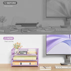Subekyu 3 Tier Letter Tray Paper Organizer with Handle and 1 PC Sliding Tray, Purple Metal Mesh Desk File Folder Paper Sorter Organizer for Home Office School Desk Supplies Organization Storage