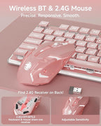 V3 Wireless Keyboard and Mouse with Single Backlit, Metal Panel, Bluetooth/2.4G Rechargeable Computer Keyboard and Mouse Combo Silent Lighted Full Size Cute Keyboards-Pink