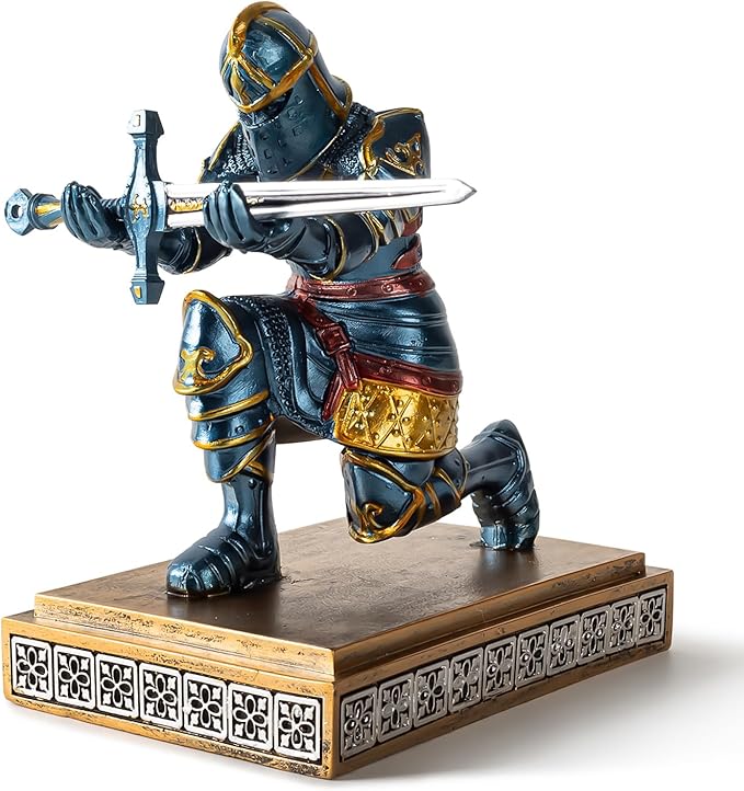 MACLARONX Kneeling Knight Pen Holder with Sword Medieval Warrior Fancy Pencil Stand for Office Desk Home Decor for Men Father Husband Armor Soldier Statue