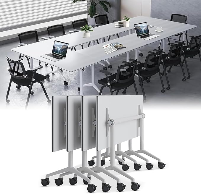 Conference Table, Folding Conference Desk Modern White, Seminar Table with Wheels, 2-10 People for Office, Meeting Break Room (4, 1915, 71IN)