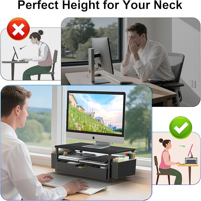 Desk Organizer and Accessories, Computer Monitor Stand Riser with Drawer and 2 Pen Holders, Office Desk Accessories & Workspace Organizers for Office Supplies (Black)