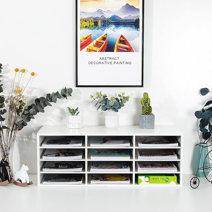 PAG Mail Sorter, Wood Countertop Literature Organizer, Student Mailbox for Classroom, Desktop Bill Paper Organizer for Office Home School, 12 Compartments, White