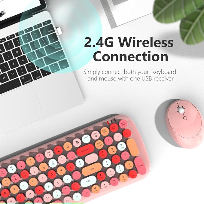MOFII Wireless Keyboard and Mouse Combo, 2.4GHz Retro Typewriter Keyboard and Cute Mouse for Computer PC Desktops Laptop Windows(Pink Mix)