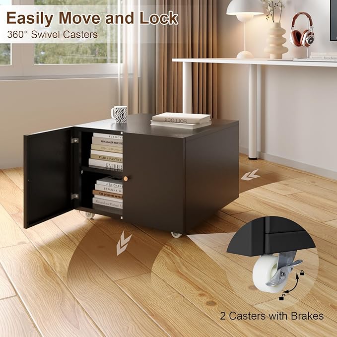 Small Space Printer Stand with Doors, Mini Fridge Stand for Laundry, 3D Printer Stand with Storage, Low Printer Table, Modern Under Desk for Home Office, Small Carts for Scanner, Fax