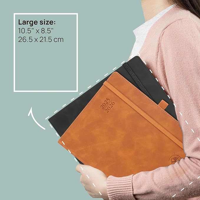 POPRUN Planner 2025-2026 Weekly Notebook (Large 8.5''x 10.5'') Academic Calendar (JUL.25 - JUN.26) Appointment Book with Monthly Tabs, Leather Soft Cover, Inner Pocket, 100 GSM - Brown