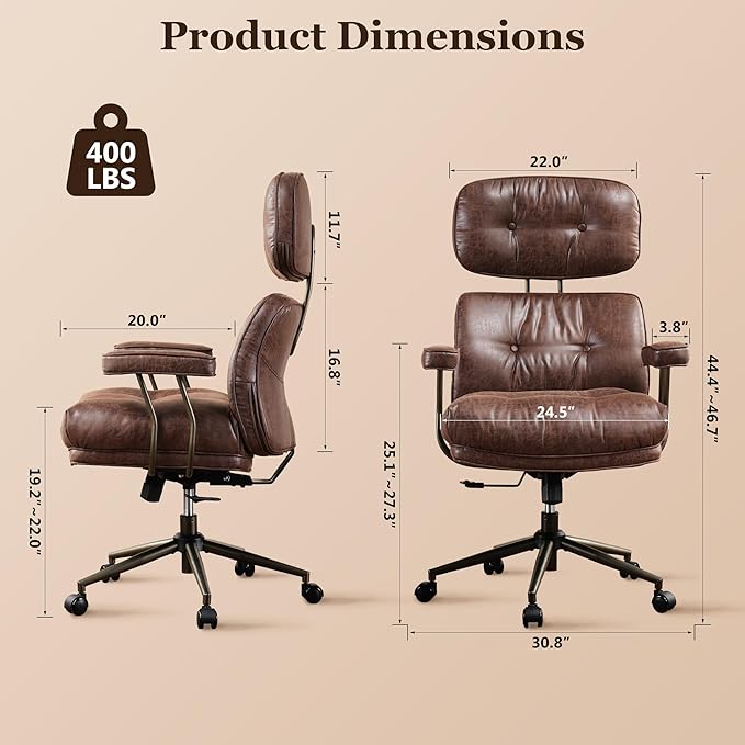 Mid Century Modren Large Office Chair, Big and Tall Ergonomic Executive Chair for Heavy Duty People, Computer Desk Task Chair with Wheels, Faux Lether Fabric Wide Chair for Home Sturdy,Dark Brown