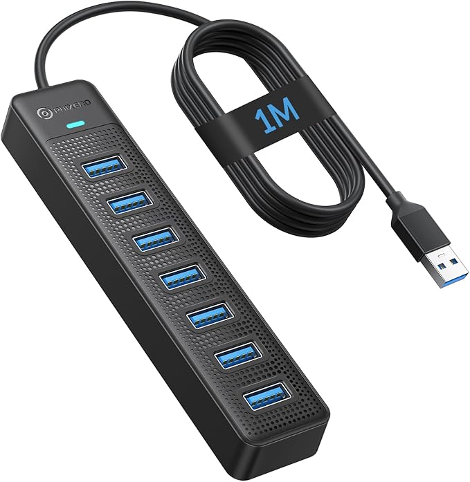 PHIXERO 7 Port USB Hub, 3.3FT/1M Long Cable USB 3.0 Hub Multi USB Port Hub Adapter Extension USB Splitter USB Hub for PC, Compatible with All USB 3.0/2.0/1.1 Device