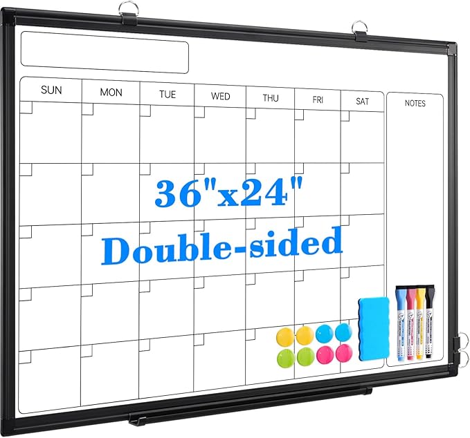Monthly Calendar Dry Erase Whiteboard, 36" x 24" Magnetic Calendar White Board, Double-Sided Portable Board with Black Aluminium Frame for Office, Kitchen, School, Home
